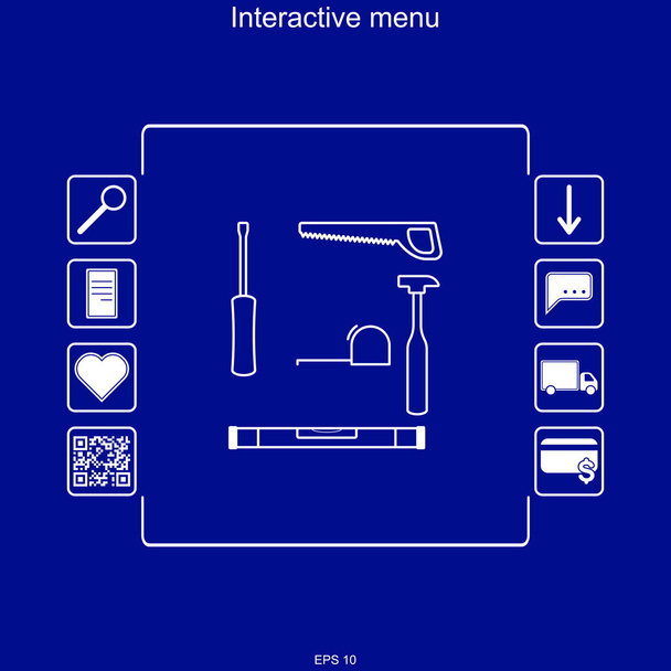 Imagen vectorial del menú interactivo de herramientas de compra en el menú multifunción con la capacidad de buscar, entregar y pagar mercancías
. - Vector, imagen
