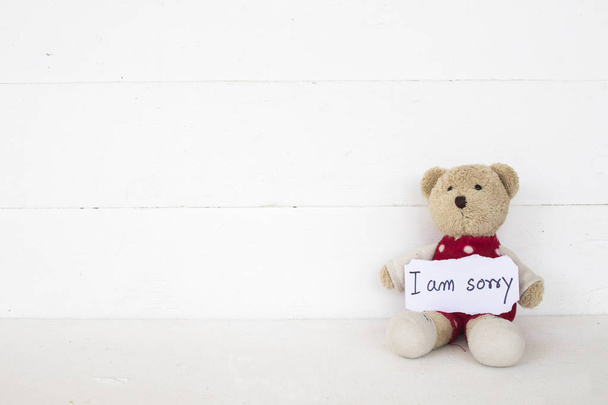 Ik ben droevig tekstkaartje met teddybeer op witte achtergrond - Foto, afbeelding