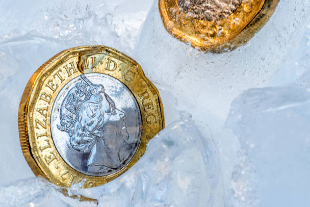 Bevroren nieuwe Britse één pond sterling schijfje omhoog sluit macro binnen ijsblokjes - Foto, afbeelding
