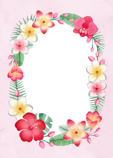 Watercolor  tropical floral wreath. Perfect for greeting card or invitation - Zdjęcie, obraz