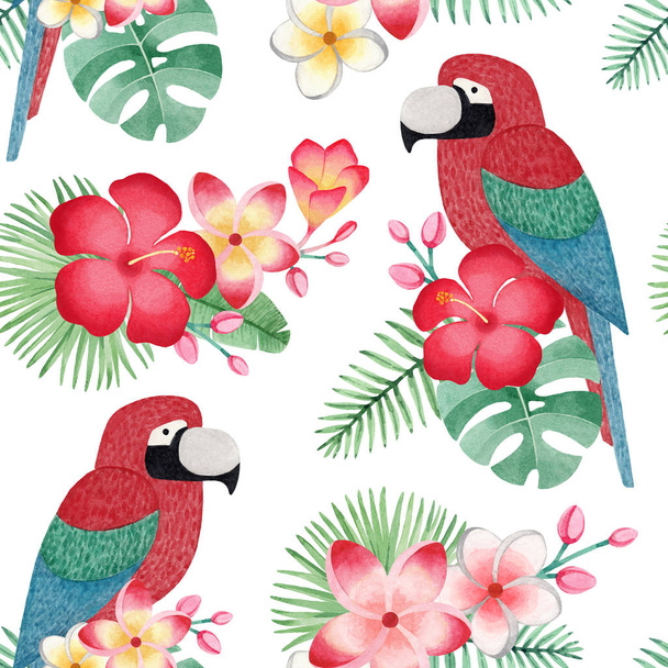 Aquarell-Illustrationen von Papageien, tropischen Blumen und Blättern. nahtloses tropisches Muster - Foto, Bild