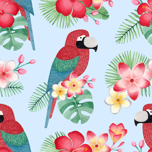 Watercolor illustrations of parrots, tropical flowers and leaves. Seamless tropical pattern - Foto, Bild