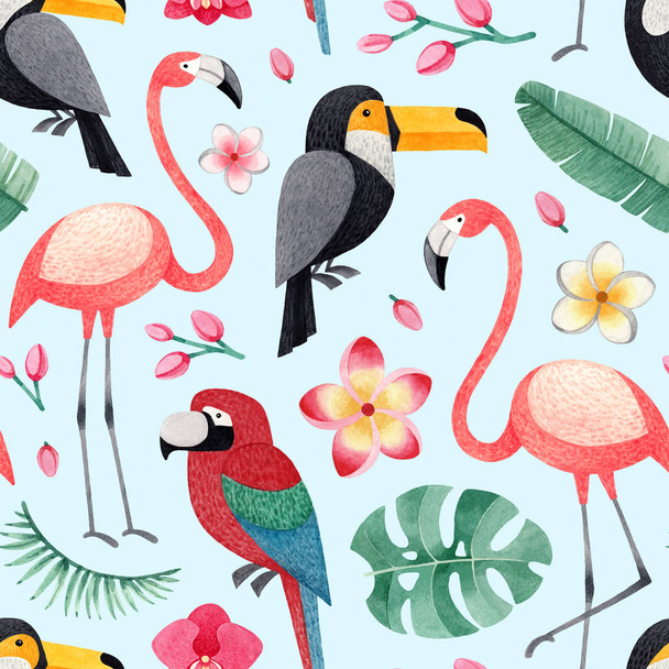 Watercolor illustrations of birds, tropical flowers and leaves. Seamless tropical pattern - Foto, Bild
