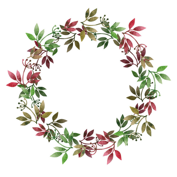 Watercolor frame wreath. Watercolor hand drawn illustration isolated on white background. Wreath with leaves, branches for wedding, greeting cards, save the date invitation, prints, postcards and other things you can imagine. Frame for your text. - Foto, afbeelding