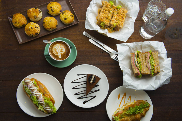 coffee , latte and cakes flat lay view - Foto, Imagem