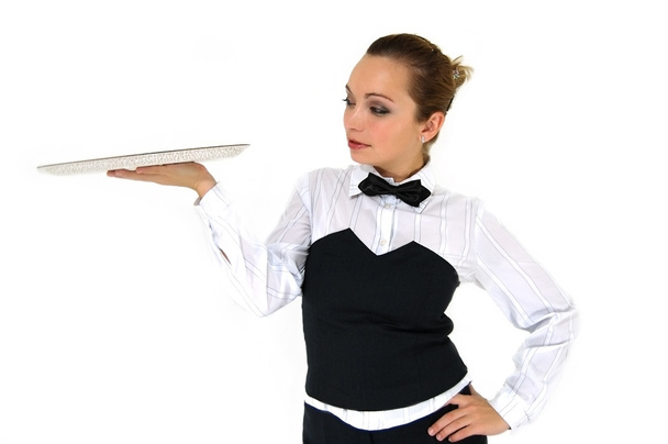 Camarera en uniforme y bandeja de sujeción de corbata aislada en blanco
 - Foto, imagen