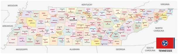Tennessee διοικητικά και πολιτικά διανυσματικό χάρτη με σημαία - Διάνυσμα, εικόνα