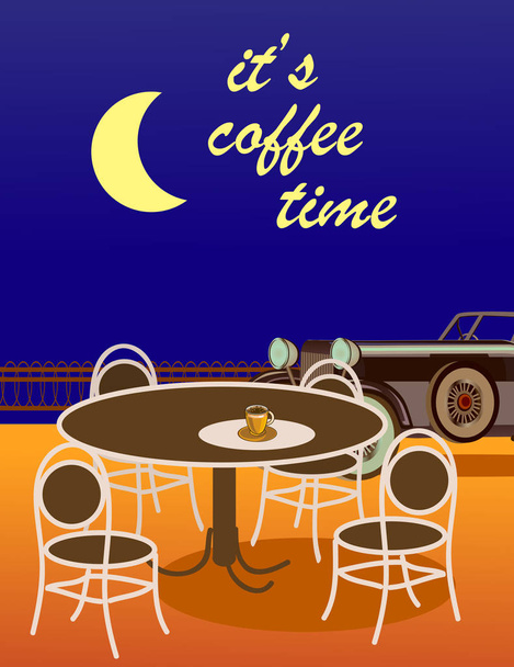 drawing of coffee with a car with a cityscape. - Vector, Image