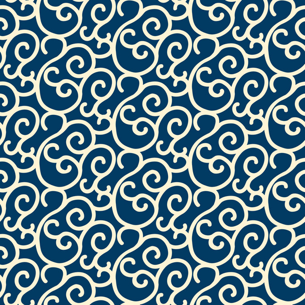 Blue Seamless Pattern With White Swirl Branches  - Vetor, Imagem
