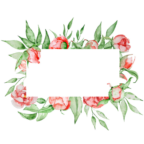 Romantic frame with flowers Card template. Watercolor peonies with green leaves on the white background. Hand drawn illustration. - 写真・画像