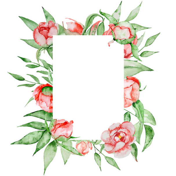 Romantic frame with flowers Card template. Watercolor peonies with green leaves on the white background. Hand drawn illustration. - Foto, Imagen