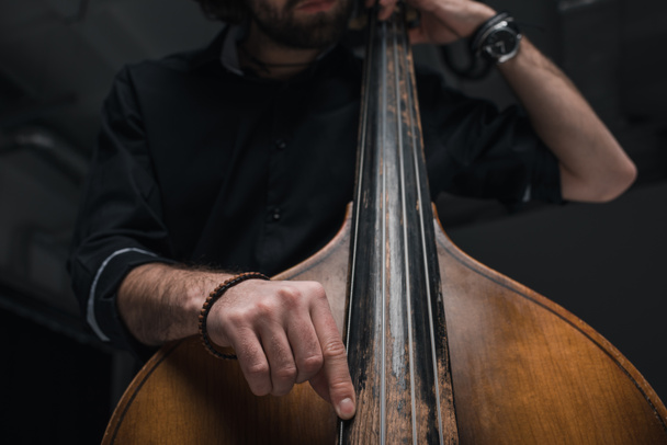 cropped shot of man playing double bass on black - Photo, Image