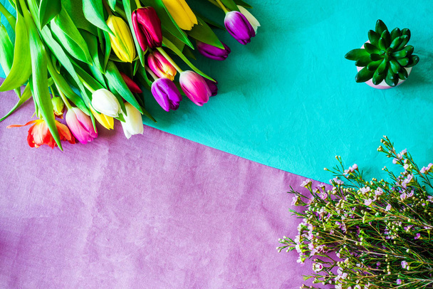 Easter photo from above with colorful tulips as symbol for sprin - Photo, Image