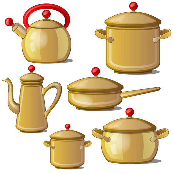 Сучасний набір посуду. Колекція чайника, сковороди, чашок і глечика. Векторні ілюстрації ізольовані на білому тлі
 - Вектор, зображення