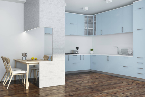 Canto da cozinha branca, mobiliário azul e branco
 - Foto, Imagem