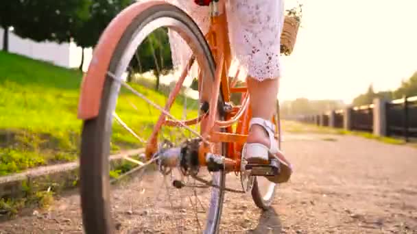 Young beautiful woman riding a bicycle at sunset - Felvétel, videó