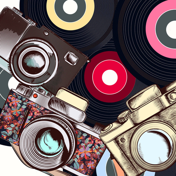 Fashion illustration with camera and hipster retro discs - Vector, Image