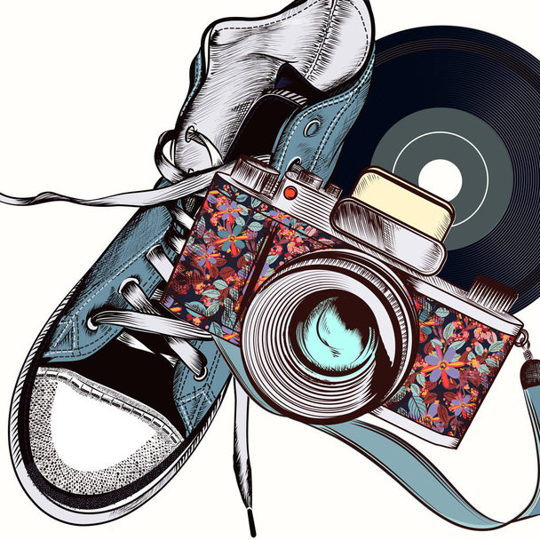 Mode illustratie met camera en hipster sneakers - Vector, afbeelding