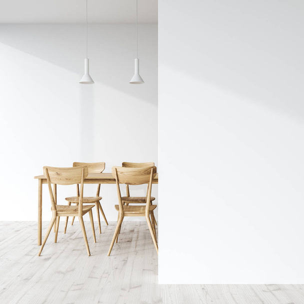 Wooden dining table in a white room, wall - Fotoğraf, Görsel