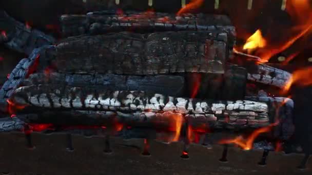 Close-up van blaze voor bonfire, houtvuur vlam warmte torenspitsen branden met rook in de open haard  - Video