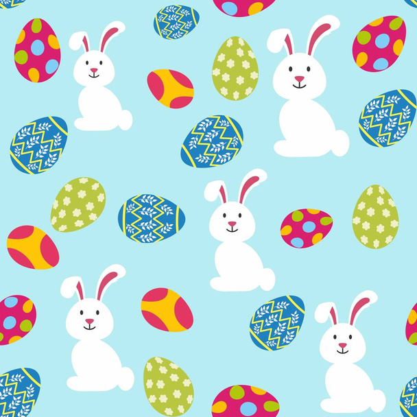 Conejo de Pascua blanco con huevos decorativos sobre fondo azul claro
 - Vector, imagen