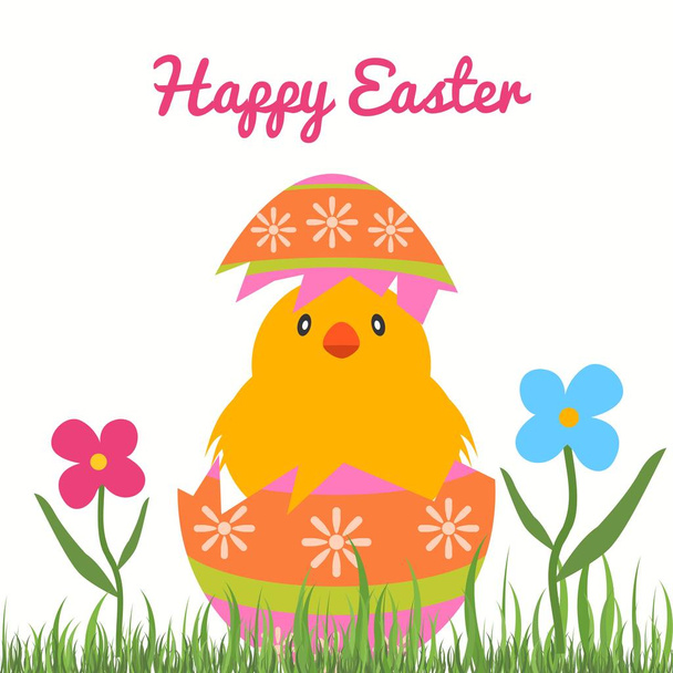 Pollito de Pascua eclosionando de un huevo de Pascua decorativo con fondo floral táctil
 - Vector, imagen