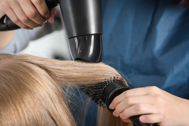 Professional hairdresser drying client's hair in beauty salon - Fotografie, Obrázek