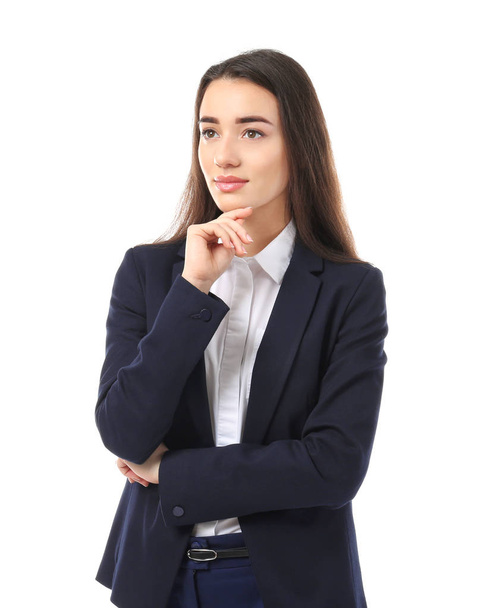 Beautiful young woman in elegant suit on white background - Φωτογραφία, εικόνα