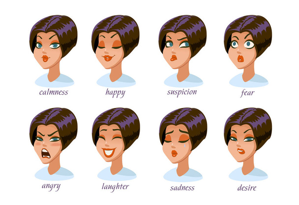 Brunette woman character expressions set. calmness, happy, suspicion, fear, angry, laughter, sadness, desire. - Vector, Image