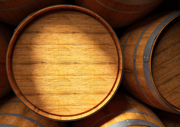 Remderig 3D d'un gros plan de tonneaux de vin et de Pisco en cave
 - Photo, image