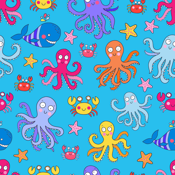 Seamless vector pattern with underwater creatures like octopus, crab, whale, starfish. Lovely vector illustration. - Wektor, obraz