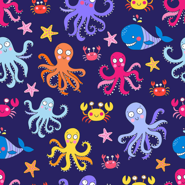 Seamless vector pattern with underwater creatures like octopus, crab, starfish. Lovely vector illustration. - ベクター画像