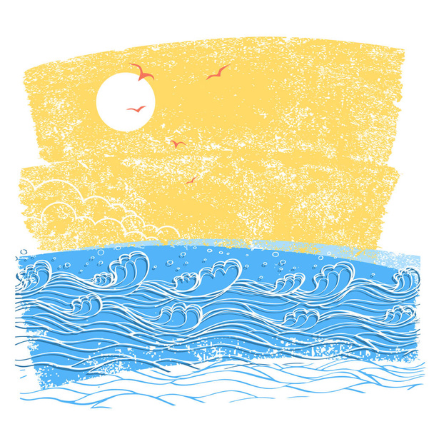 Blue sea waves and sky. Vector abstract illustration of sea land - Wektor, obraz