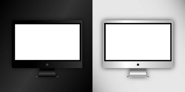 Monitora komputerowego, na białym tle na czarno-białe tło z biały ekran. Można użyć szablonu prezentacji, projektowanie stron internetowych oraz interfejsu użytkownika zestawów. Czarno-białe elektroniczny gadżet, makieta urządzenia. - Zdjęcie, obraz
