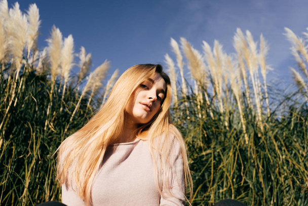 attractive beautiful blonde model girl posing in a green field, in the sun, under a blue sky - Zdjęcie, obraz