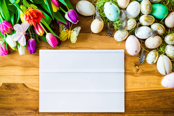 Caja de luz en blanco con copyspace libre y pascua y decora de primavera
 - Foto, imagen