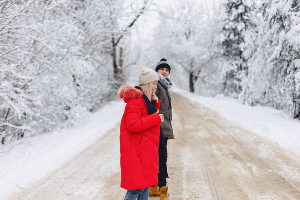 Ormanın içinde karlı bir yolda yürüyen güzel bir aile Çift - Fotoğraf, Görsel