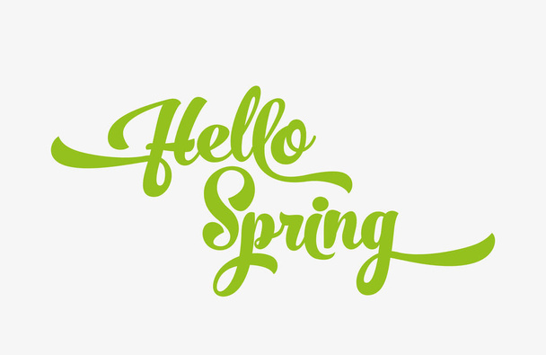 Hello spring green stylized calligraphic inscription on a white background. Spring template for your design, cards, invitations, posters. - Wektor, obraz