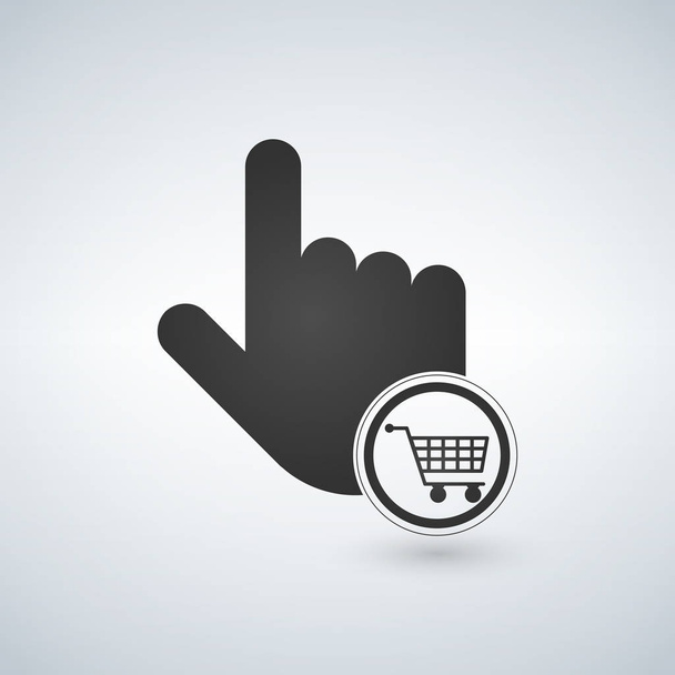 Σύμβολο του δείκτη χέρι και .concept καλάθι αγορών για αγορές μέσω Διαδικτύου. Εικονογράφηση διάνυσμα. - Διάνυσμα, εικόνα