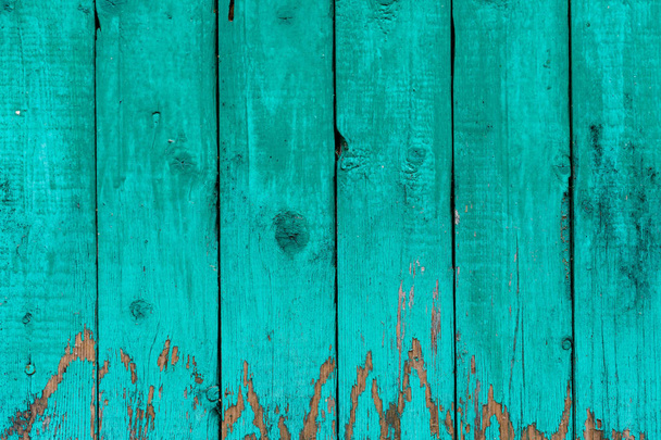 Old boards with cracked cyan paint. Textured wooden old background with vertical lines. Wooden planks close up for your design. Green-blue many times painted old wall with lagged fragments of paint - 写真・画像