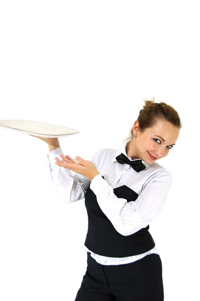 Waitress in uniform and necktie holding tray isolated on white - Photo, image