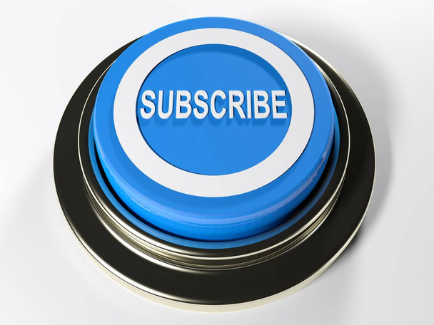 Un bouton-poussoir circulaire bleu avec un cercle blanc et l'inscription SUBSCRIBE sur son dessus - illustration de rendu 3D
 - Photo, image