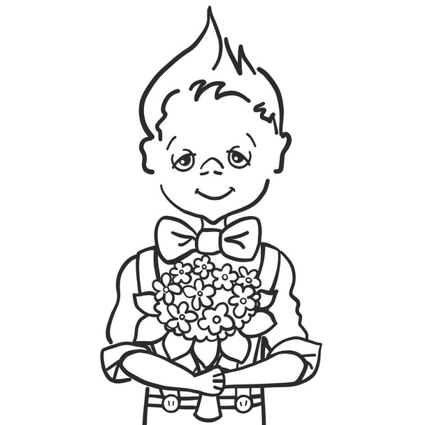 pintar a mano dibujar pequeña sonrisa niño con maltratador que quiere dar flores de ramo a su maestro en la escuela, a la mamá, a la niña, 1 de septiembre
 - Vector, Imagen