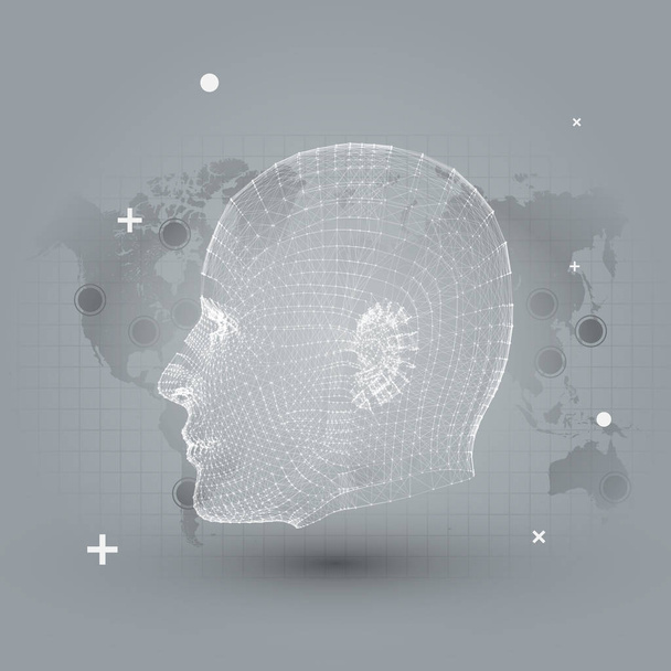 Τεχνητή νοημοσύνη με λευκό Cyborg ματιών πρόσωπο διανυσματικά εικονογράφηση φόντου - γκρι φουτουριστικό επιχειρηματικό πρότυπο παρουσίασης - Διάνυσμα, εικόνα
