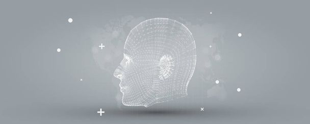 白いサイボーグ メッシュ顔ベクトル イラスト背景 - 灰色の未来ビジネス プレゼンテーション テンプレートを持つ人工知能 - ベクター画像