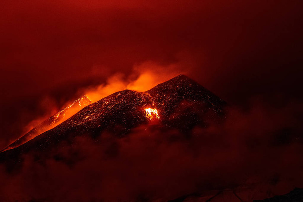 Volcano eruption landscape at night - Mount Etna in Sicily - Photo, Image