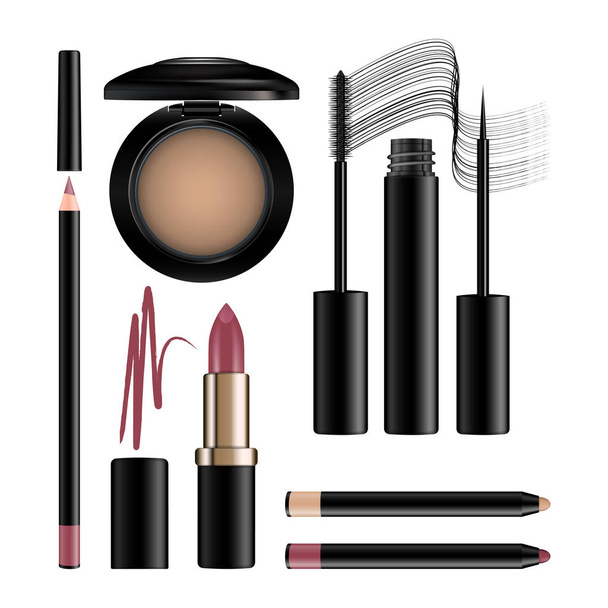 Make-up-Kosmetik isoliert auf Weiß gesetzt. Lidschatten, Eyeliner, los - Vektor, Bild