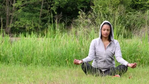 Молодая девушка медитирует на природе на траве
 - Кадры, видео