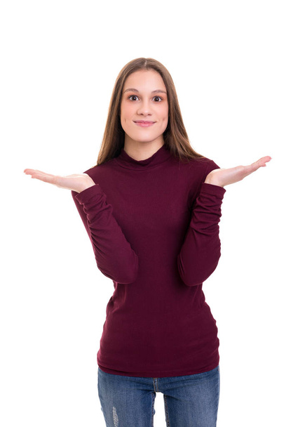 Woman with open hands asking sorry, isolated over white background - Foto, Bild