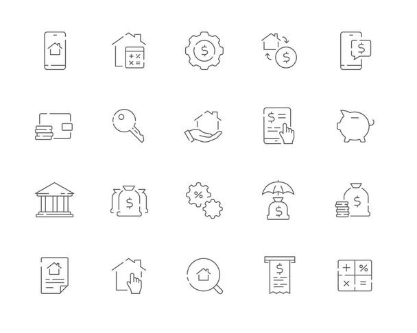 Conjunto simples de ícones web de linha vetorial relacionados à hipoteca. Contém ícones como banco, propriedade, calculadora, dinheiro e muito mais
. - Vetor, Imagem